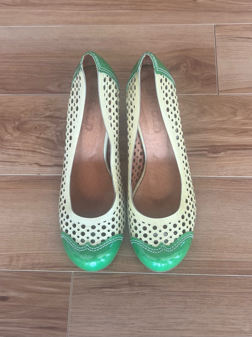 B!Gold leather perforated cone heels